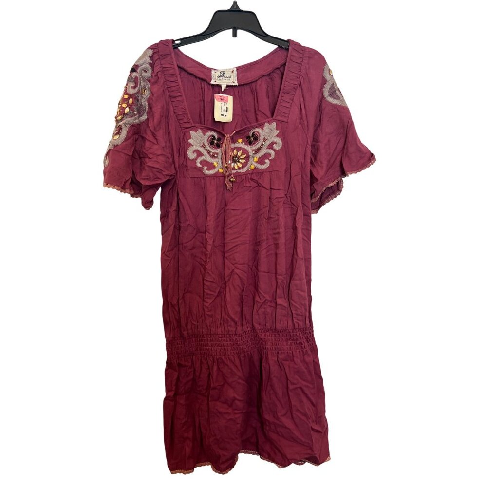 Sweet by miss me Boho Burgundy Dress With Embroidered & Beaded Floral Design Squ